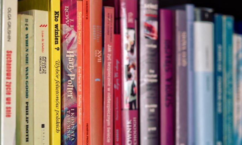 Image shows books on a book shelf